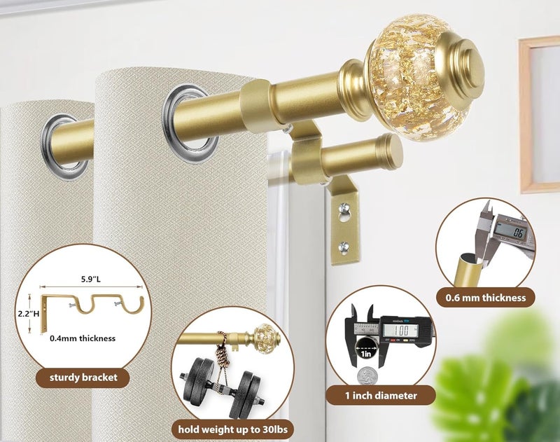 USFOOK 1 Inch Gold Double Curtain Rods 72 to 144 Inches (6 to 12 ft), Drapery Rods for Windows, Telescoping Dual Curtain Rod with Luxury Translucent Finials - Image 4